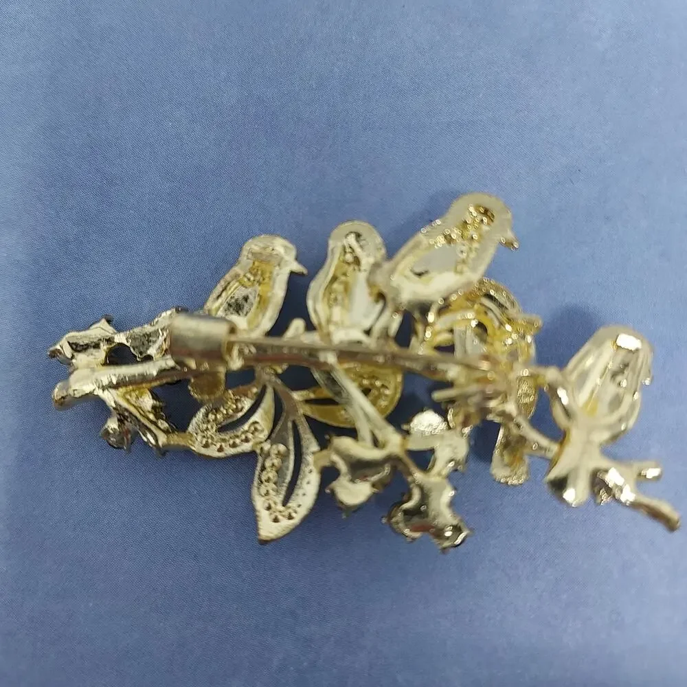 Set 3 Vintage Gold Tone Rhinestone Brooches 1 Signed Emmons Flower Birds Oval